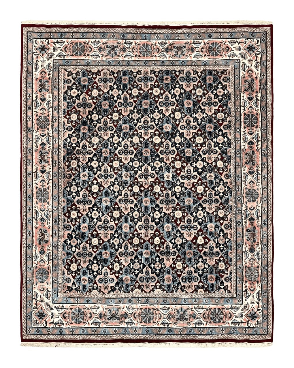 Indo Persian Rug 8x10, Repeated Allover Pattern, Navy Blue Ivory, Handmade Vintage Wool Carpet - Jewel Rugs