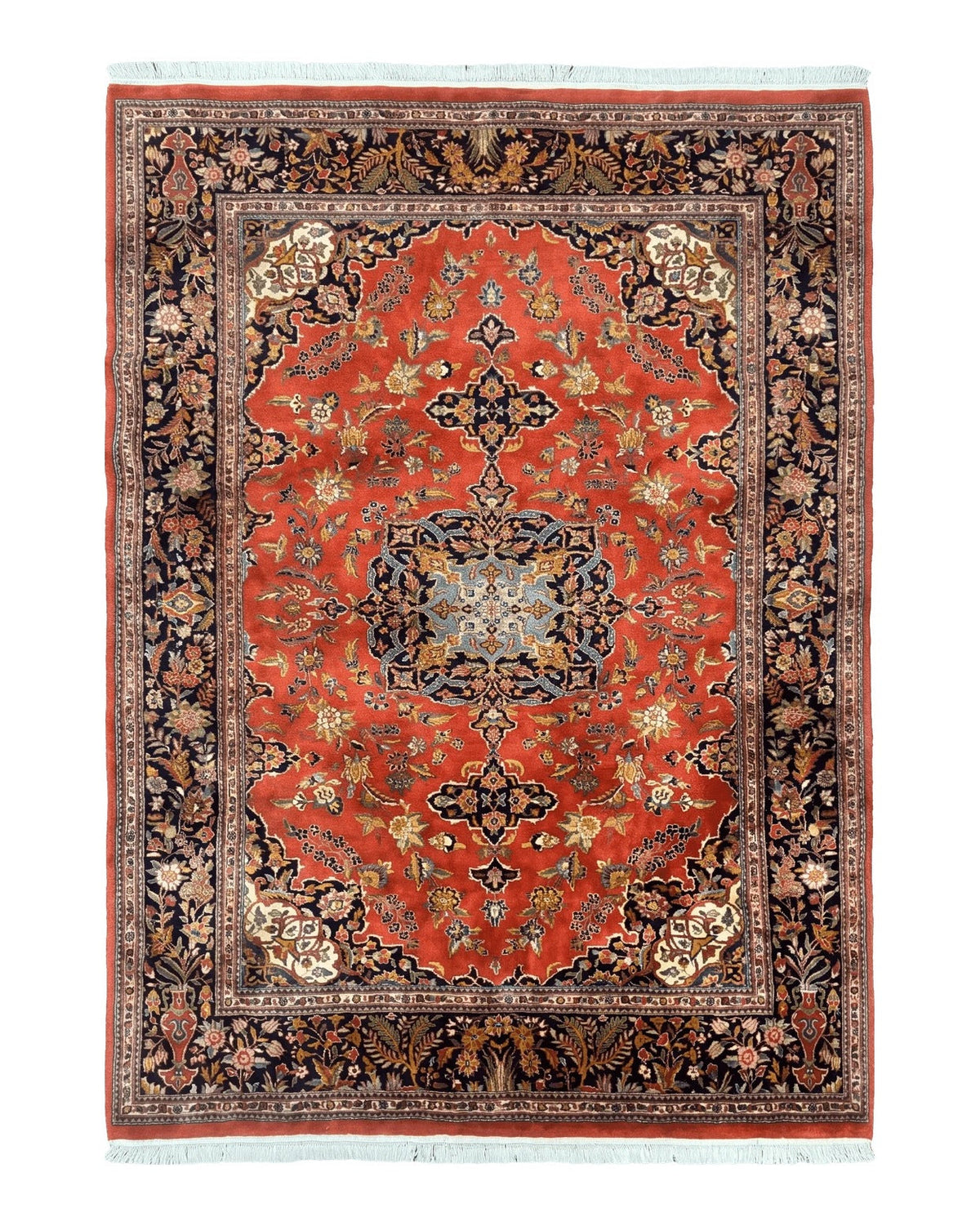 Indo Persian Rug 7x10, Vintage Handmade Wool Carpet, Floral Medallion Traditional Rug, Red and Midnight Blue - Jewel Rugs