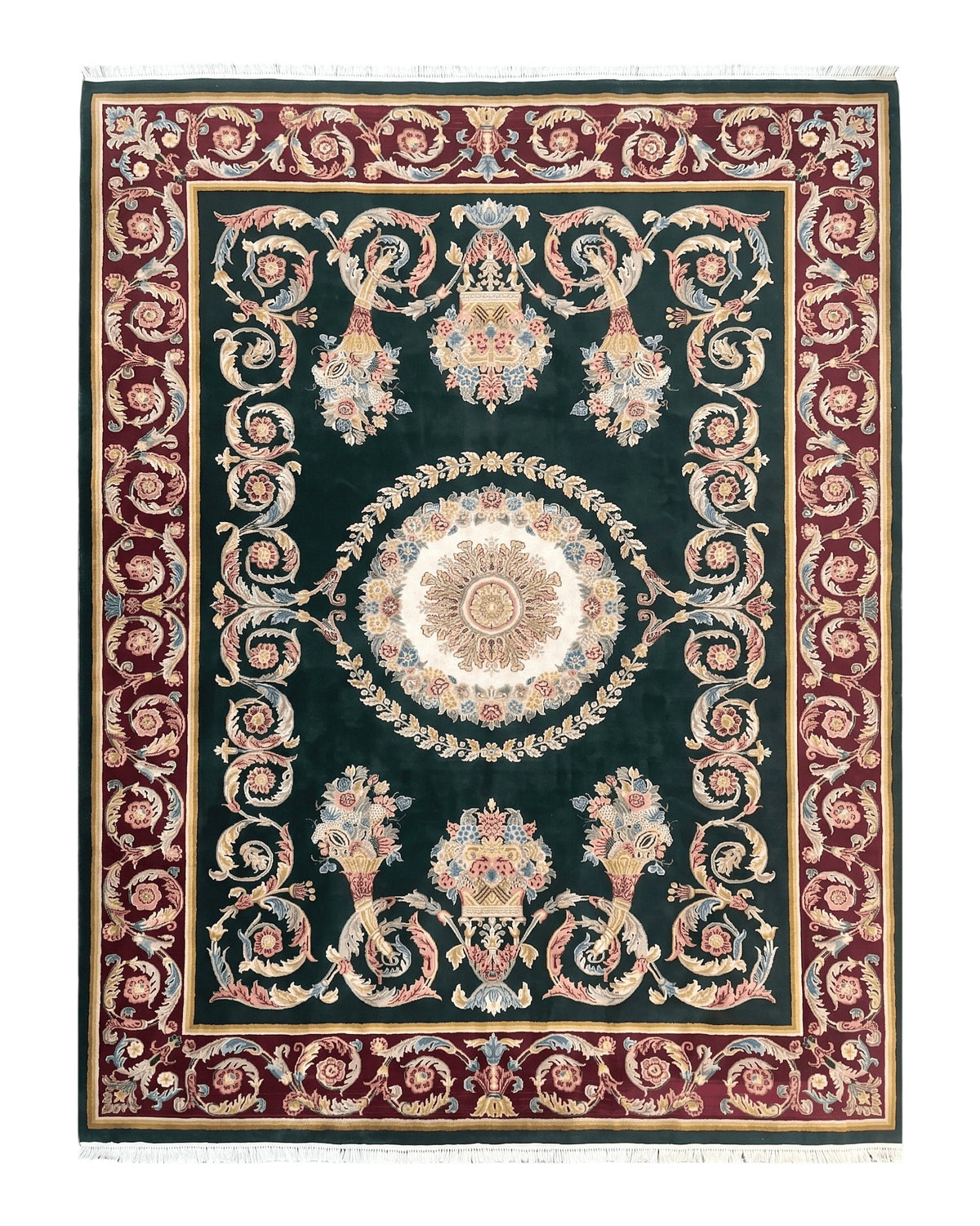 Aubusson Rug 9x12, Dark Green, European Design, Vintage Fine Handmade Carpet, Elegant - Jewel Rugs