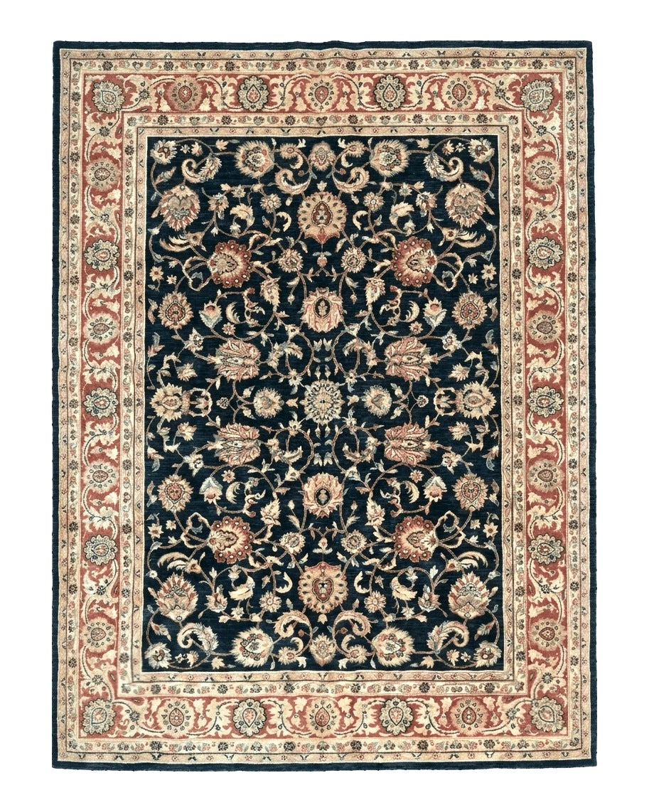Vintage Oriental Rug 8x11, Floral Persian Design Carpet, Turkish Power Loomed Rug, Navy Blue Red Cream - Jewel Rugs