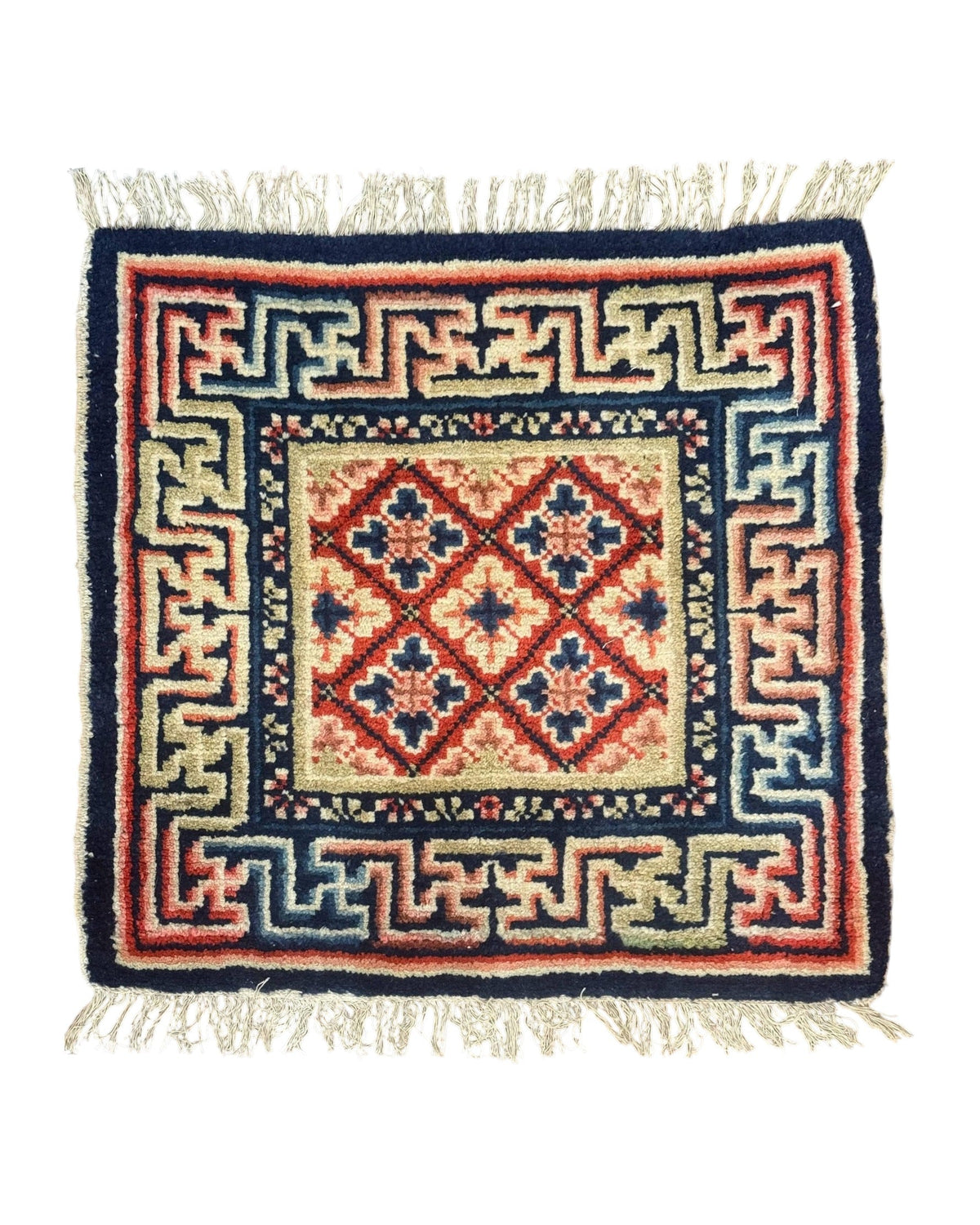 Small Antique Chinese Rug 2x2, Red Blue Square Rug Mat, Handmade, Tibetan Rug - Jewel Rugs