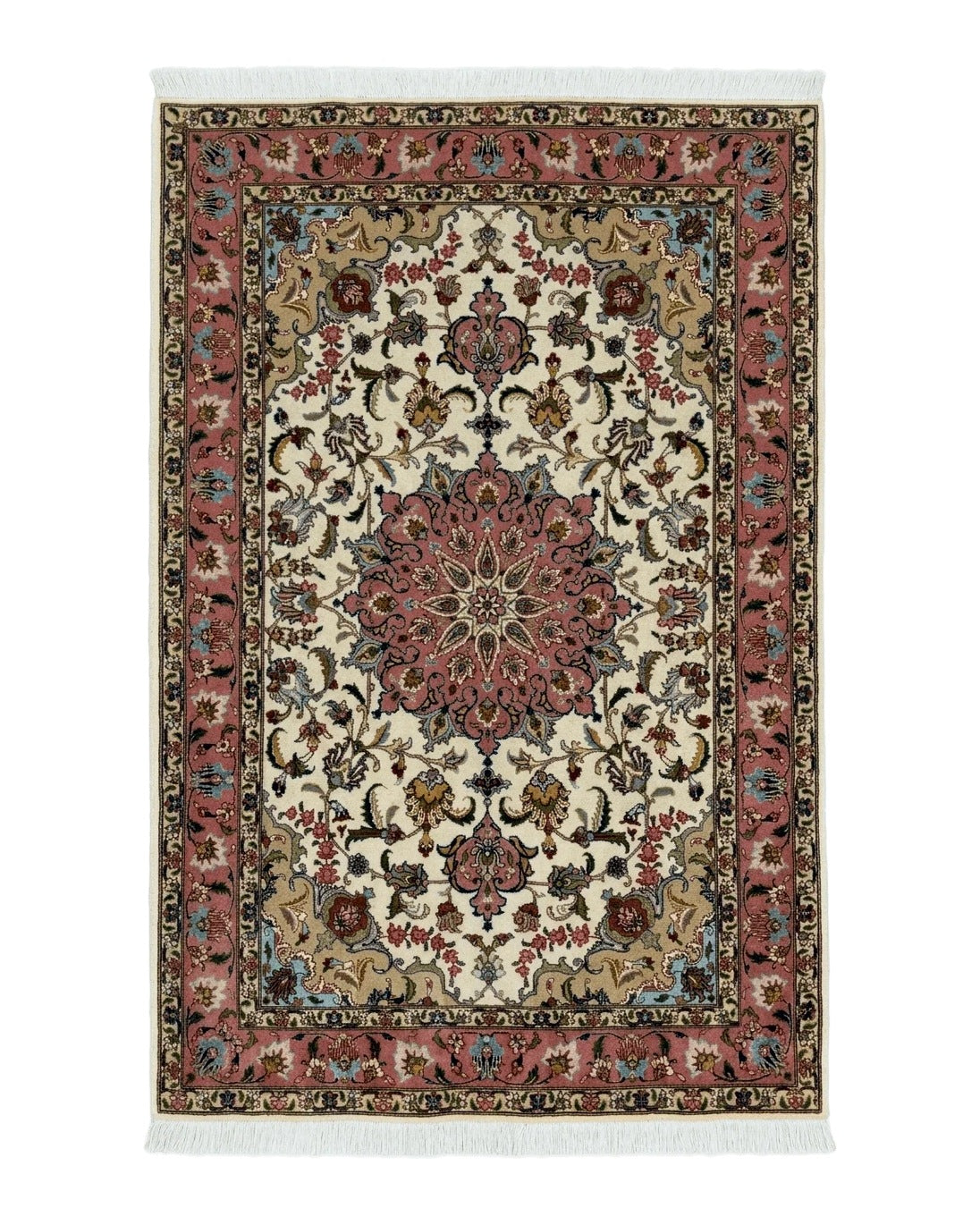 Fine Persian Tabriz Rug 3x5, Floral Medallion, 340 KPSI, Ivory Salmon - Jewel Rugs