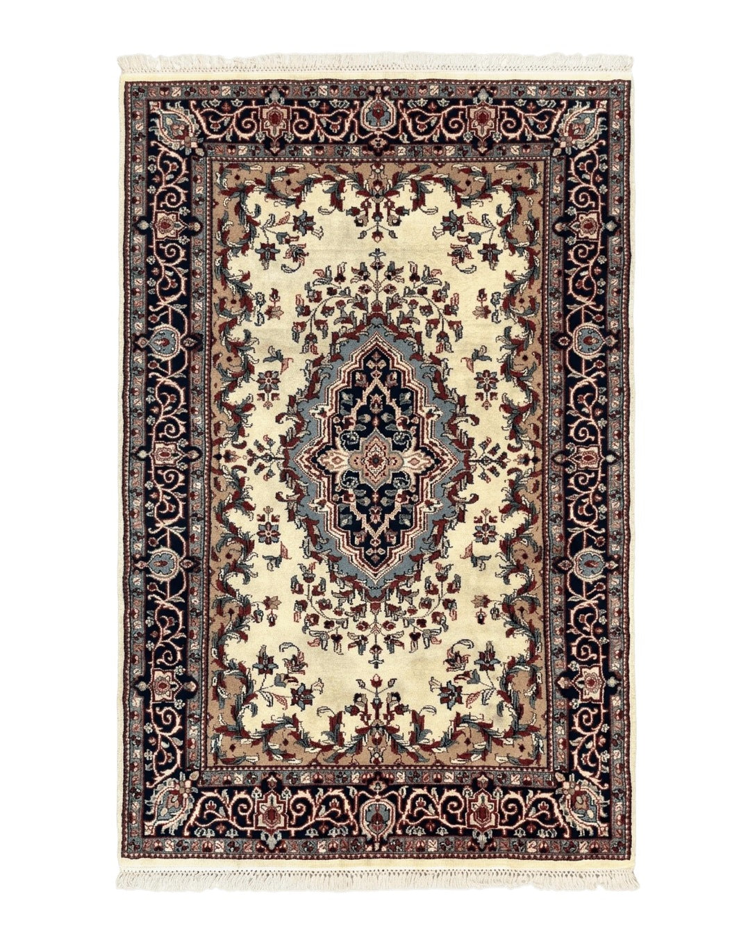 Indian Kashmiri Rug 4x6, Ivory Beige Navy Blue, Traditional Indo Persian Rug - Jewel Rugs