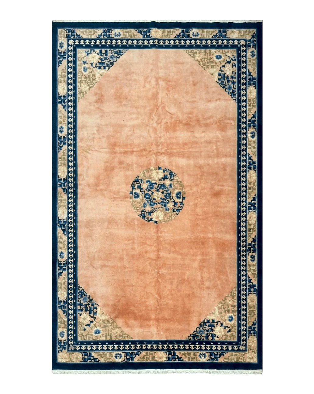Chinese Wool Rug 11x18, Palace Sized Chinese Carpet, Peking Rug, Peach and Blue, Open Field, Simple Design, Art Deco Rug, Large Handmade Rug - Jewel Rugs