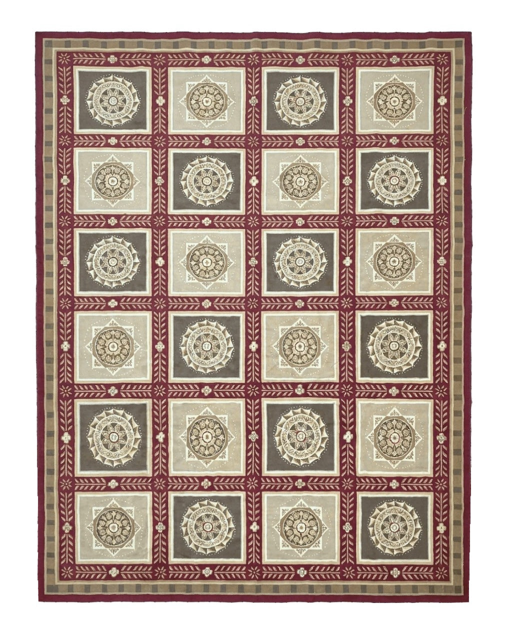 Needlepoint Rug 9x12, Panel Design, Burgundy Taupe, Elegant - Jewel Rugs