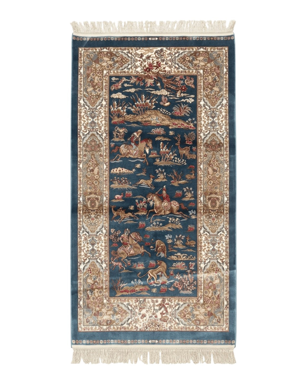 Turkish Silk Hunting Scene Rug 2.6 x 5, Dark Steel Blue & Ivory, Bamboo Silk, New - Jewel Rugs