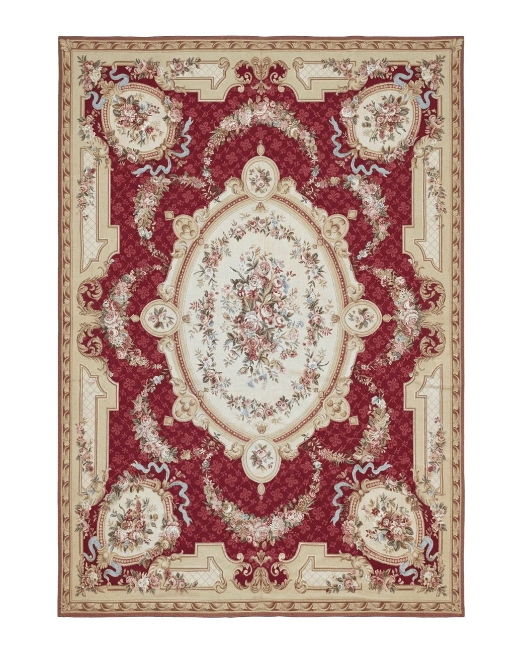 Aubusson Rug 8x11, Needlepoint Carpet, Red Ivory Beige, Vintage, French European Design - Jewel Rugs