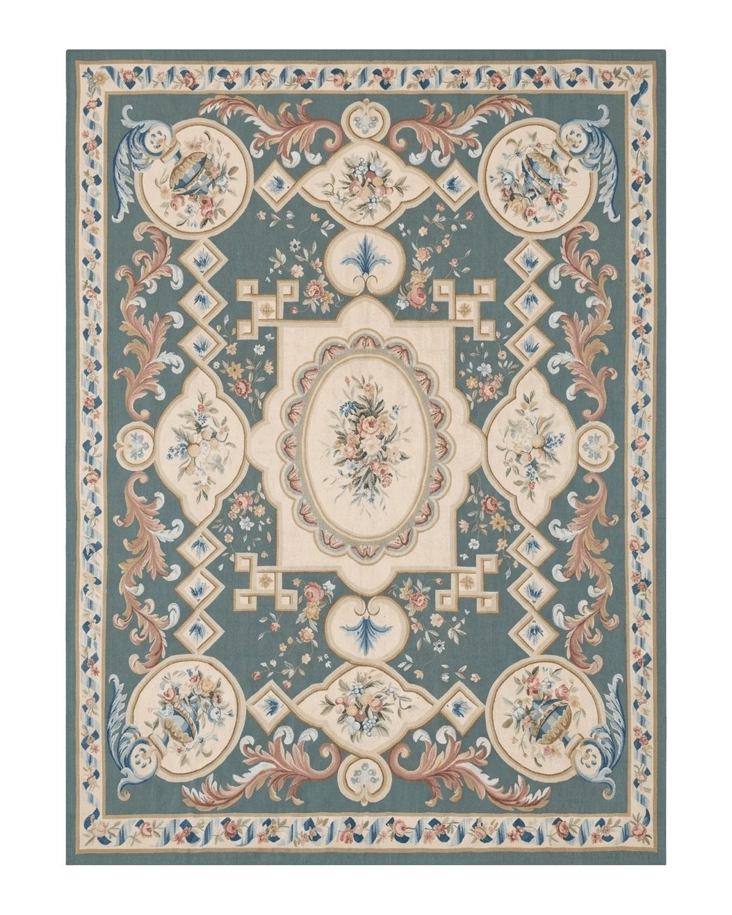 Aubusson Rug 9x12, Muted Sage Green and Cream, European Design - Jewel Rugs