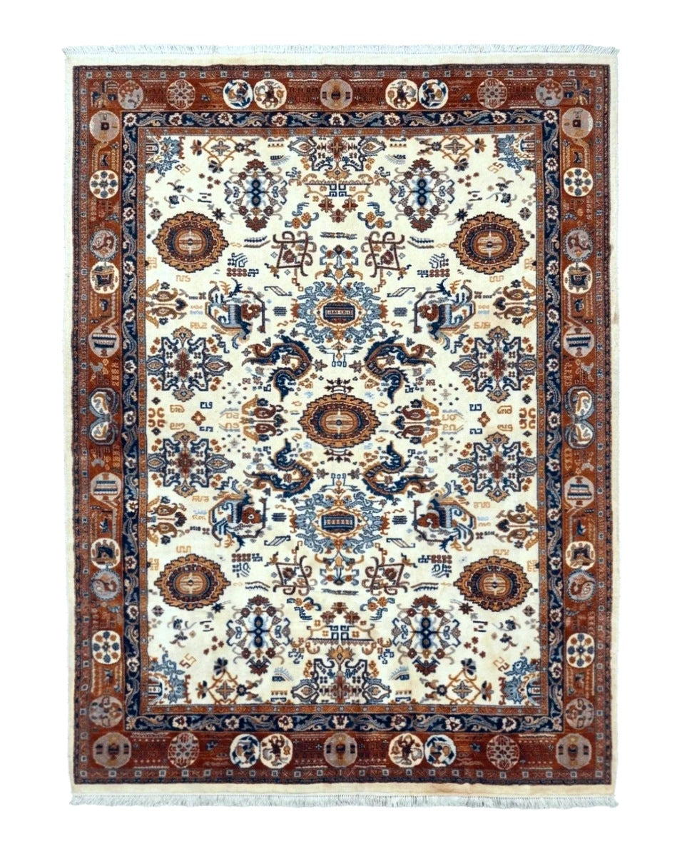 Indo Chinese Wool Rug 9x12, Ivory and Rust Red, Dragon Motifs - Jewel Rugs