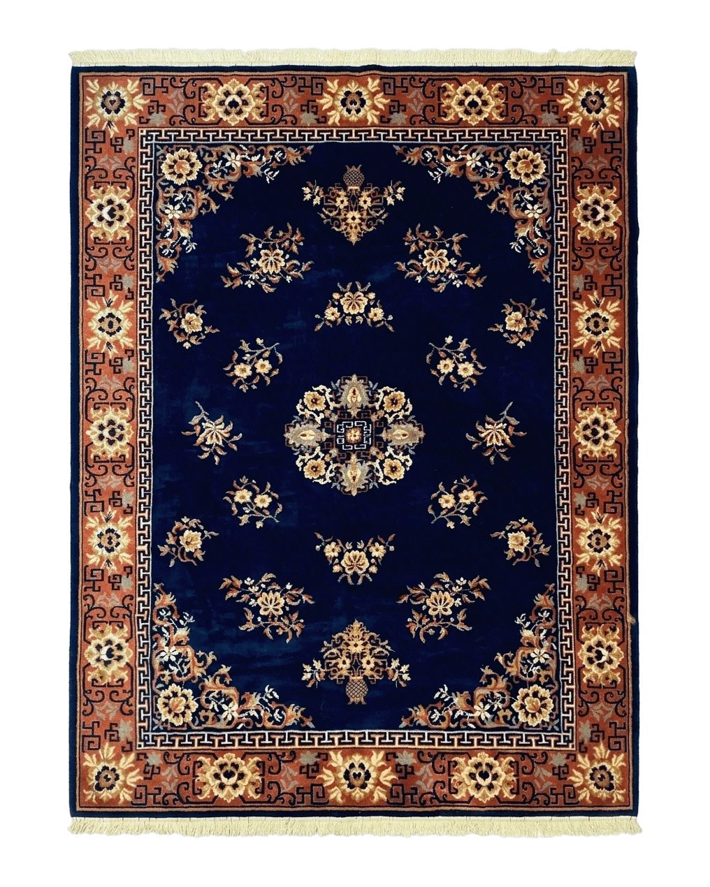 Chinese Wool Rug 8x11, Navy Blue and Terracotta, Floral, Couristan Belgium Power Loomed Carpet - Jewel Rugs