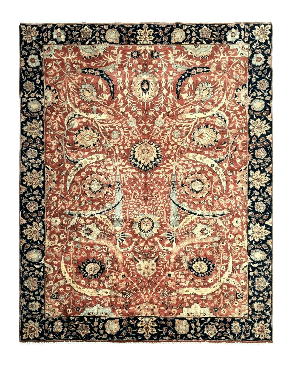 Indian Agra Rug 9x11, Terracotta and Navy Blue, Sickle Leaf Rug - Jewel Rugs