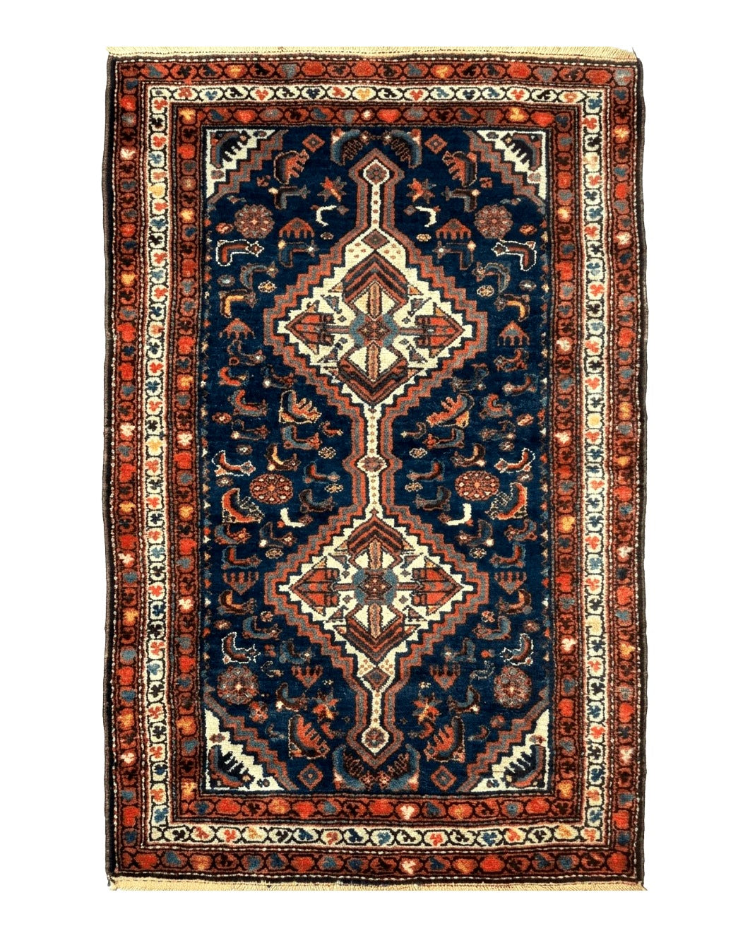 Antique Persian Hamadan Rug 4x6, Geometric, Double Medallions, Navy Blue, Tribal Carpet - Jewel Rugs