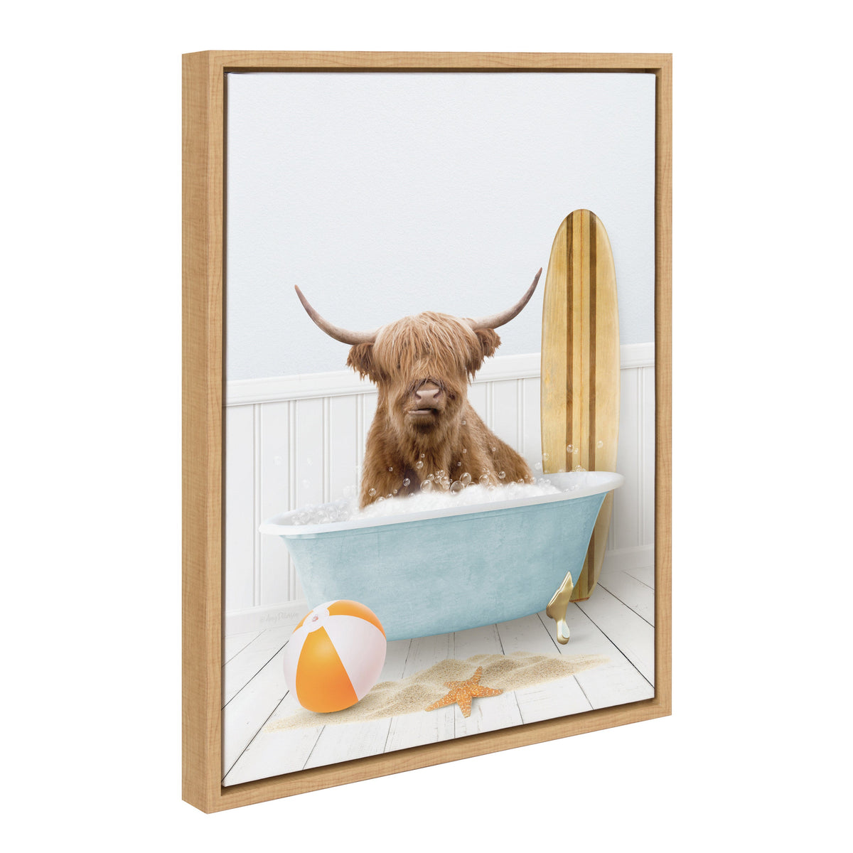 Sylvie Highland Cow Beach House Bath with Surfboard Framed Canvas by Amy Peterson