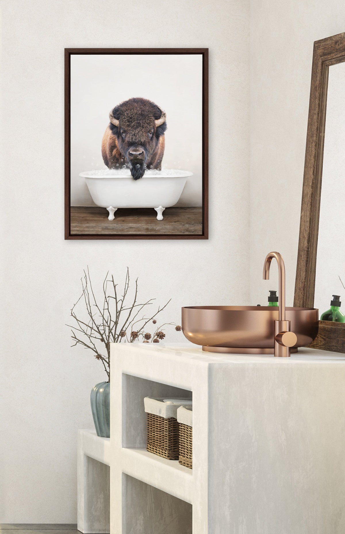 Sylvie Bison Rustic Bubble Bath Framed Canvas by Amy Peterson Art Studio