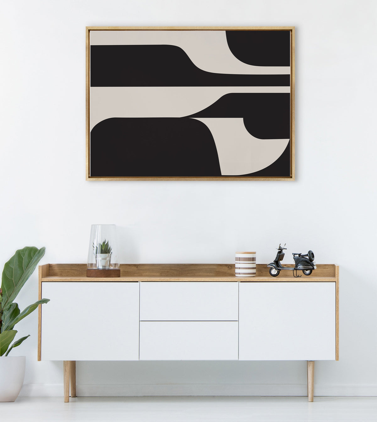 Sylvie Eye Catching Sleek Abstract 6 Black and Beige Framed Canvas by The Creative Bunch Studio