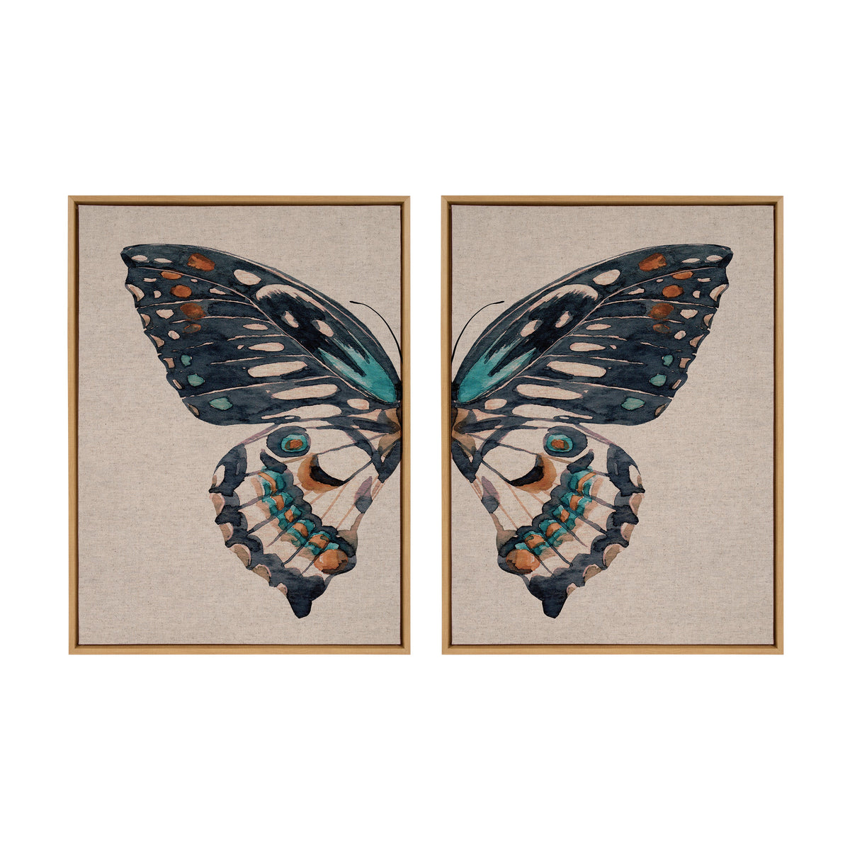 Sylvie Boho Butterfly Watercolor Diptych Neutral Linen Framed Canvas Art Set by The Creative Bunch Studio