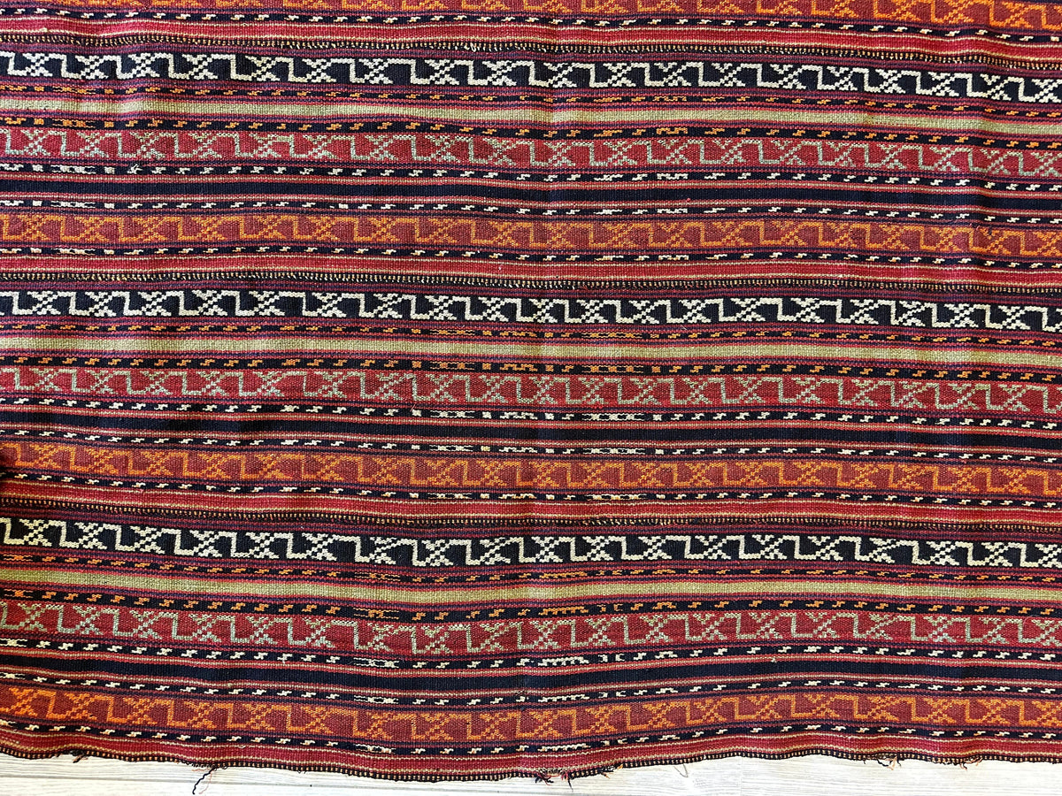 Antique Caucasian Soumak Rug 6x7 | Rust, Navy & Ivory | Hand-Woven Wool Flatweave - Rugistan, view 16