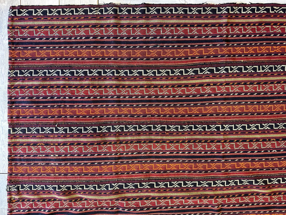 Antique Caucasian Soumak Rug 6x7 | Rust, Navy & Ivory | Hand-Woven Wool Flatweave - Rugistan, view 4