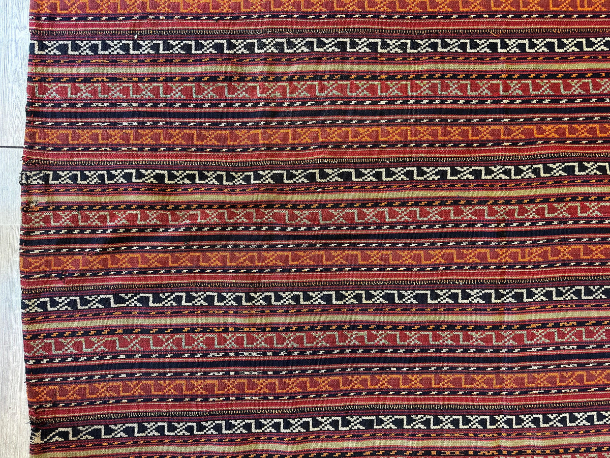 Antique Caucasian Soumak Rug 6x7 | Rust, Navy & Ivory | Hand-Woven Wool Flatweave - Rugistan, view 5