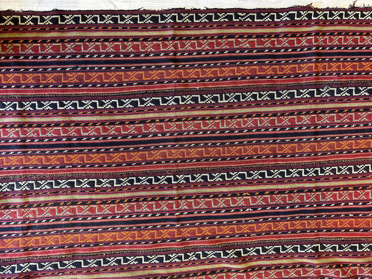 Antique Caucasian Soumak Rug 6x7 | Rust, Navy & Ivory | Hand-Woven Wool Flatweave - Rugistan, view 7