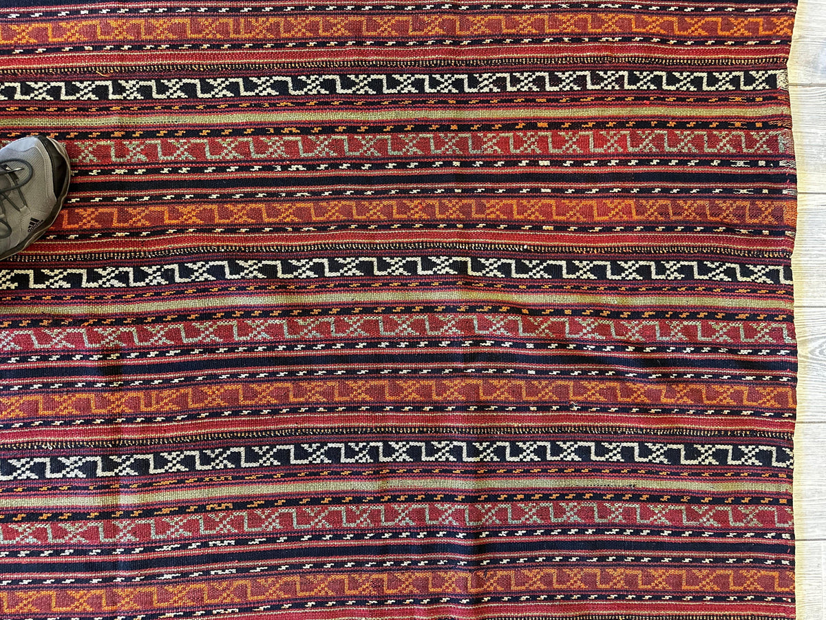 Antique Caucasian Soumak Rug 6x7 | Rust, Navy & Ivory | Hand-Woven Wool Flatweave - Rugistan, view 8