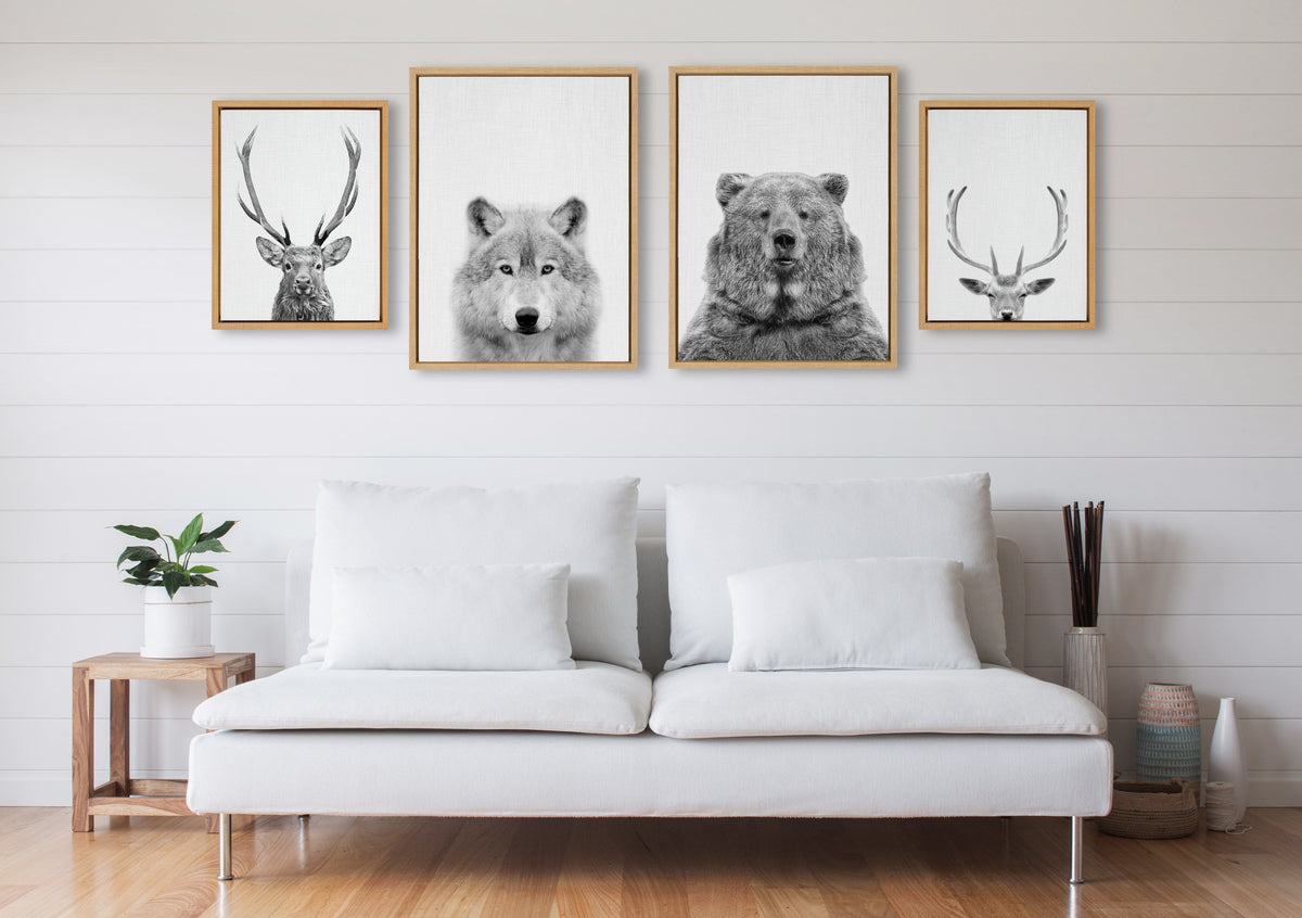 Sylvie Deer, Wolf, Bear European and Cervus Elaphus The Red Deer Black and White Framed Canvas Art Set by Simon Te of Tai Prints