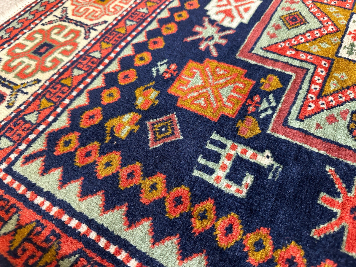 Vintage Caucasian Rug 4x7 | Navy, Ivory & Orange | Hand-Knotted Wool - Rugistan, view 10