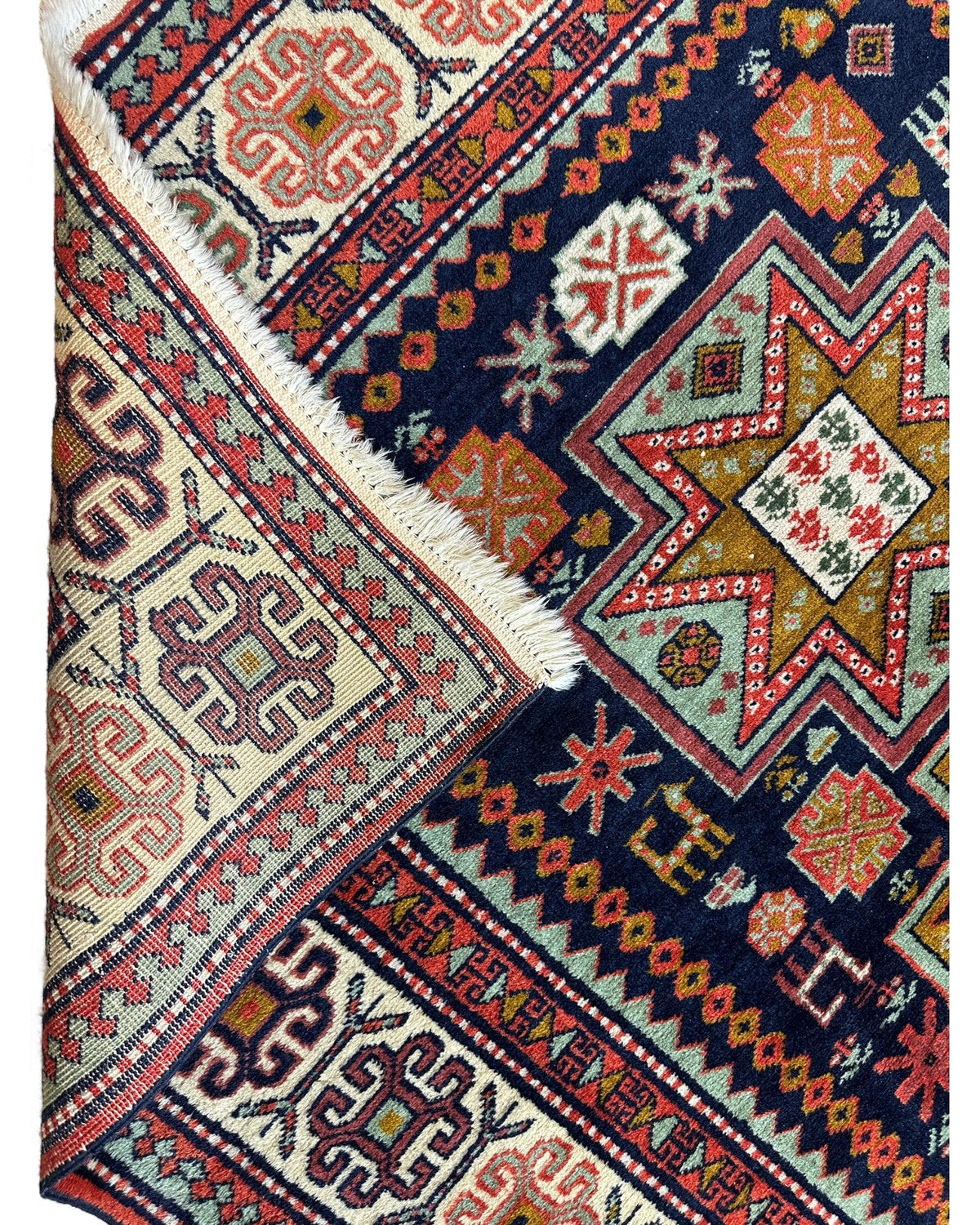 Vintage Caucasian Rug 4x7 | Navy, Ivory & Orange | Hand-Knotted Wool - Rugistan, view 11
