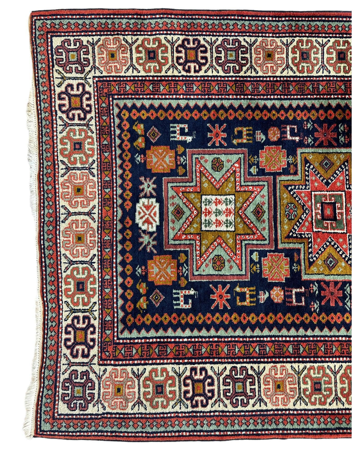 Vintage Caucasian Rug 4x7 | Navy, Ivory & Orange | Hand-Knotted Wool - Rugistan, view 3