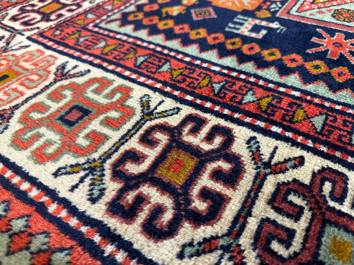 Vintage Caucasian Rug 4x7 | Navy, Ivory & Orange | Hand-Knotted Wool - Rugistan, view 9