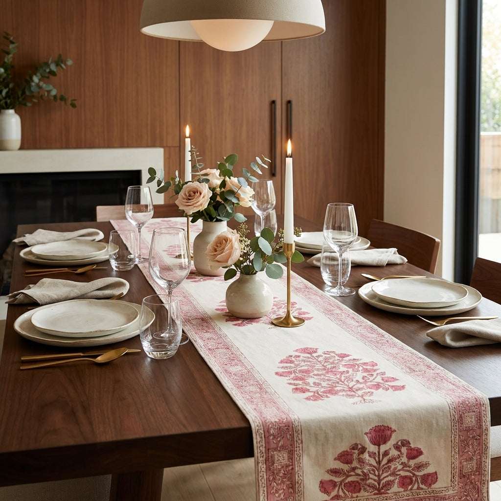 Magenta & Natural Floral Hand Block Printed 13 Pieces Table Linen Set — House of Avana, view 1 of 10