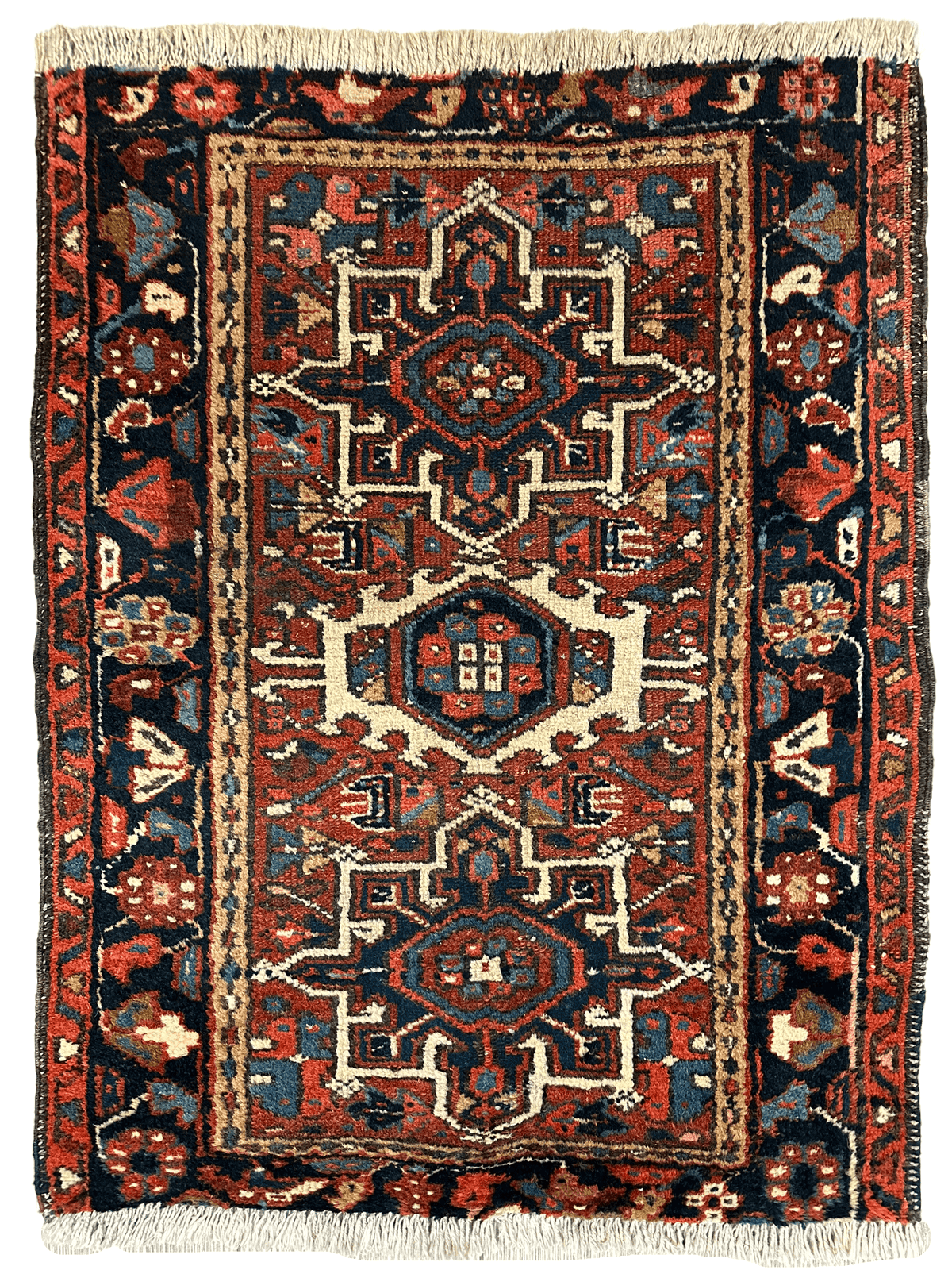 Antique Persian Karaja Rug 2x3 | Rust, Navy & Ivory | Hand-Knotted Wool - Rugistan