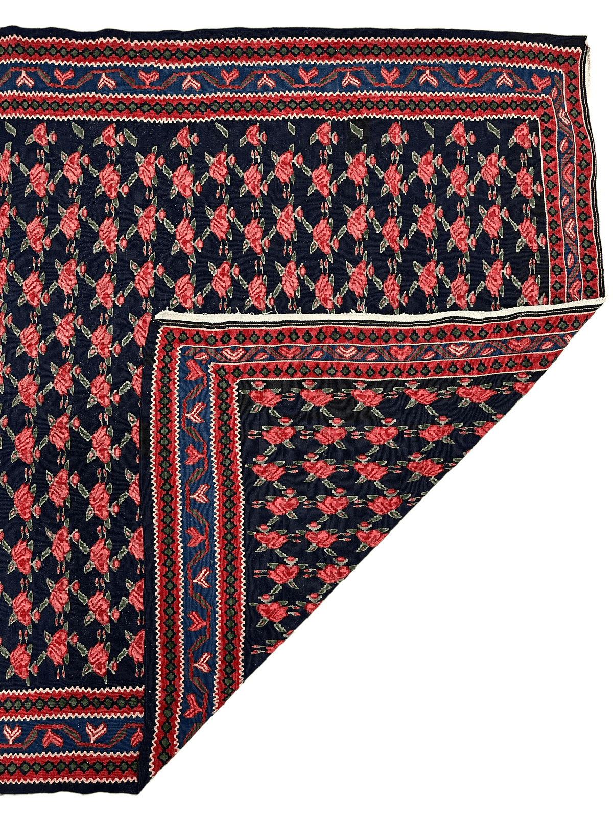 Vintage Persian Senneh Kilim Rug 4x7 | Navy, Red & Pink | Hand-Woven Wool Flatweave - Rugistan, view 6