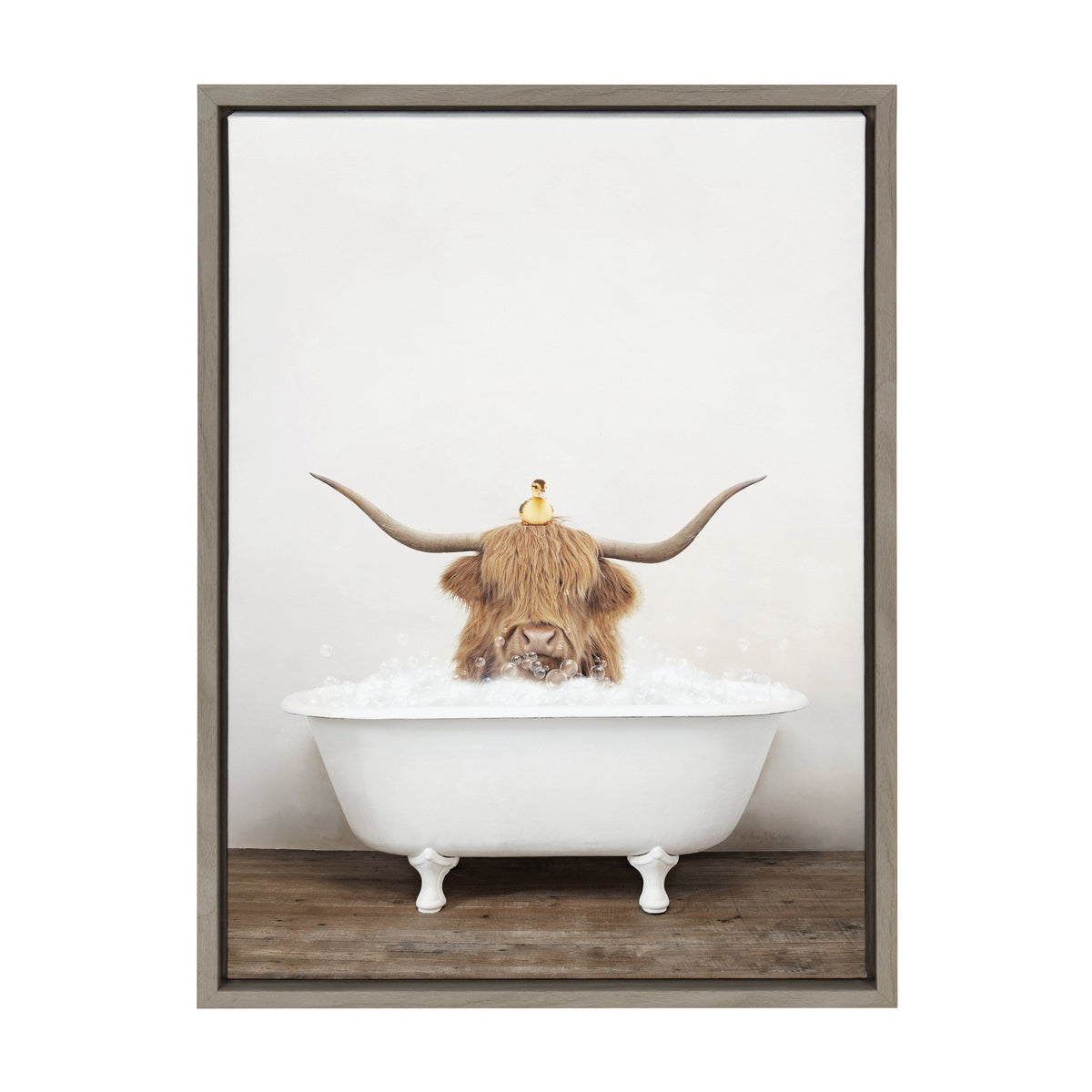 Sylvie Highland Cow and Duckling in Rustic Bath Framed Canvas by Amy Peterson Art Studio