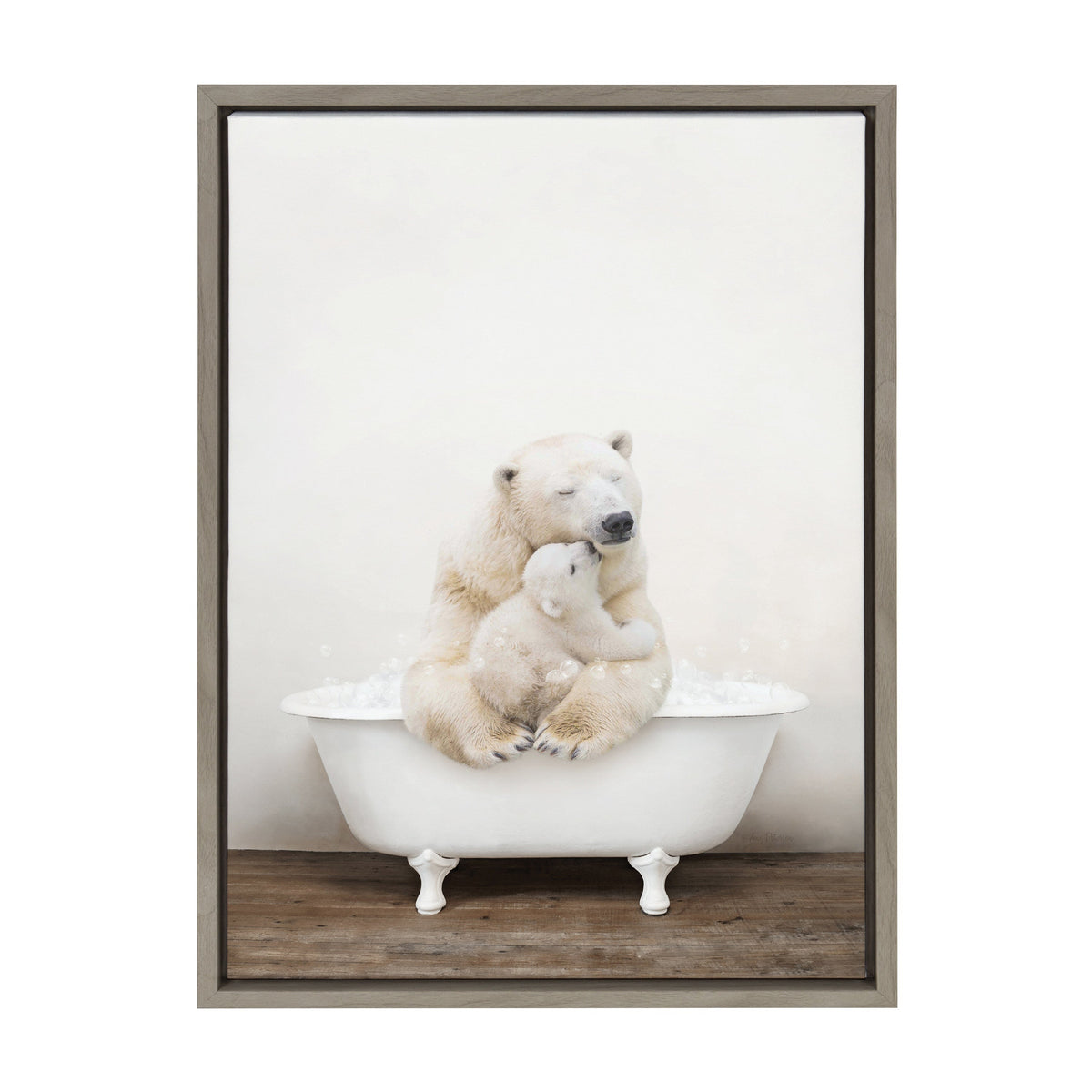 Sylvie Mother and Baby Polar Bear in Rustic Bath Framed Canvas by Amy Peterson Art Studio