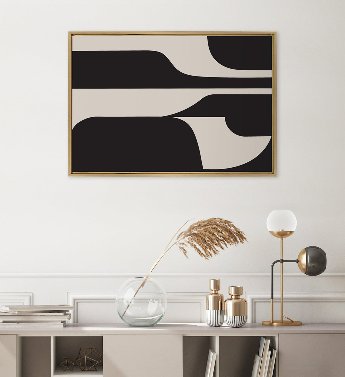 Sylvie Eye Catching Sleek Abstract 6 Black and Beige Framed Canvas by The Creative Bunch Studio