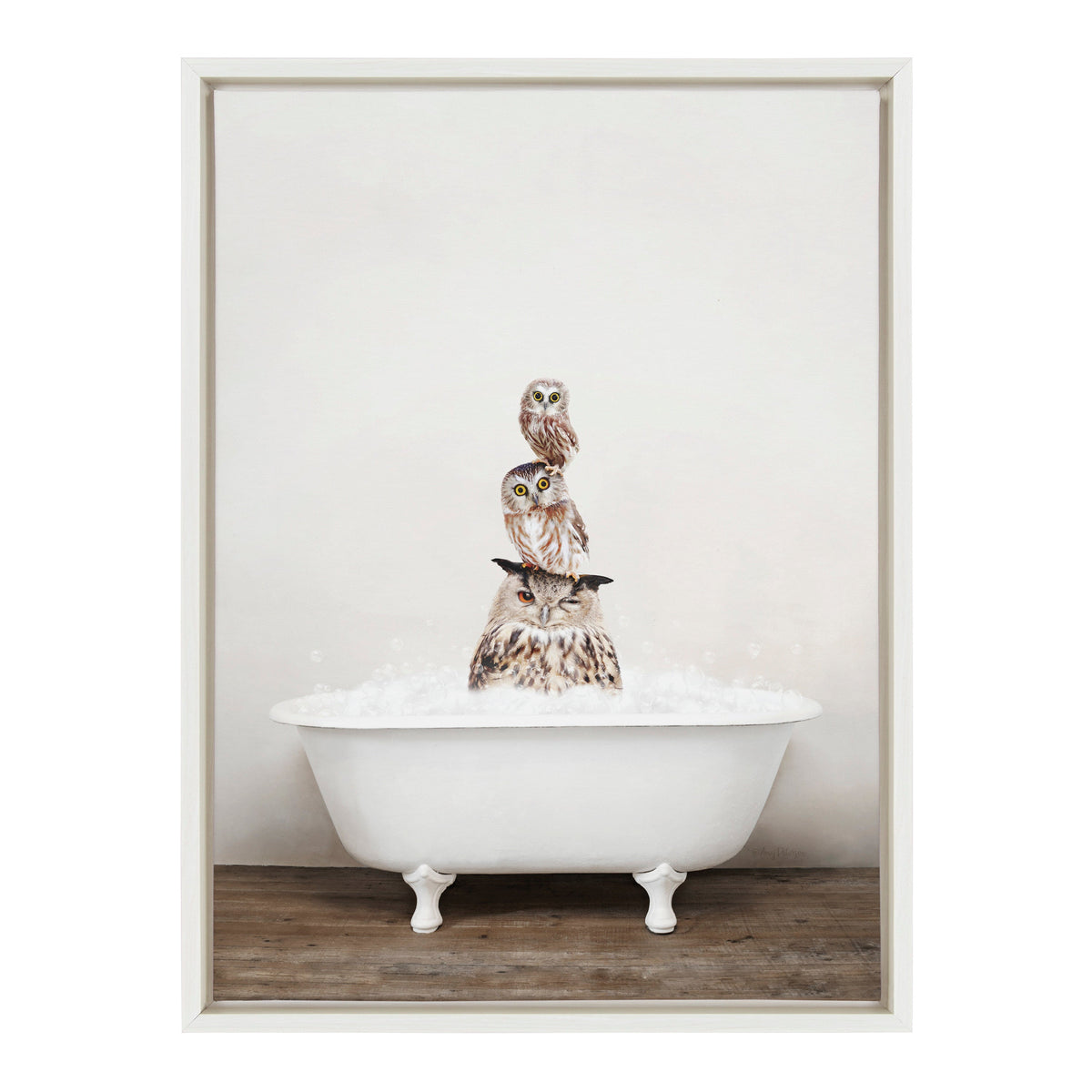Sylvie Stacked Owls in Rustic Bath Framed Canvas by Amy Peterson Art Studio