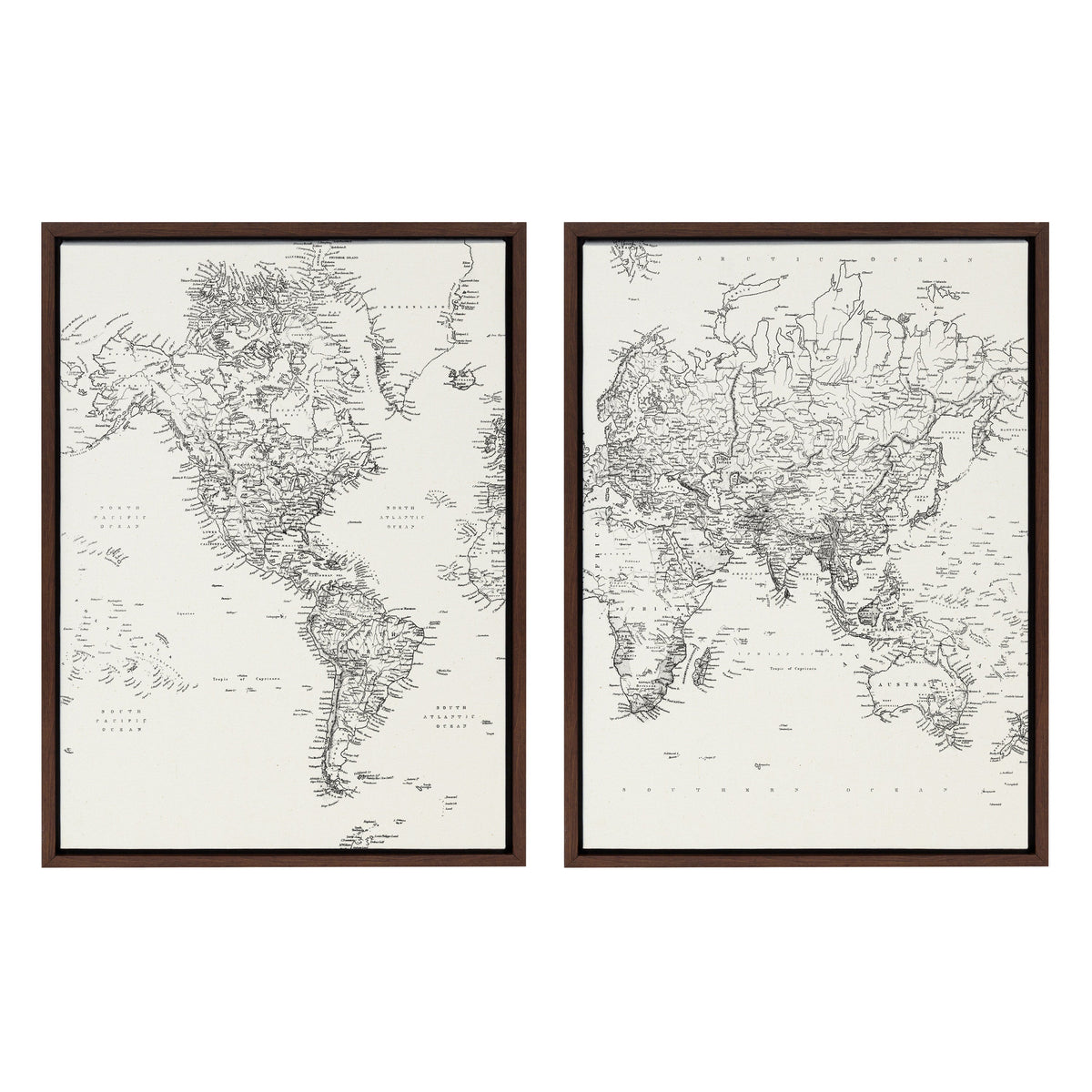 Sylvie Vintage Black and White World Map Framed Canvas Set by The Creative Bunch Studio
