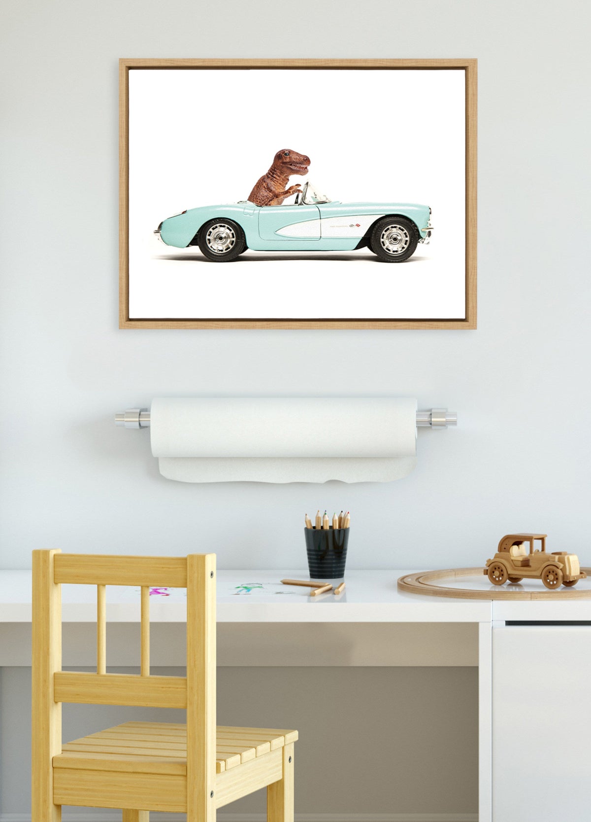 Sylvie T Rex Driving 1957 Aqua Chevy Framed Canvas by Saint and Sailor Studios
