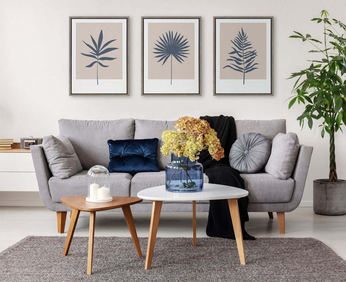 Sylvie Muted Tan and Blue Colorblock Botanical Leaf Framed Canvas by The Creative Bunch Studio
