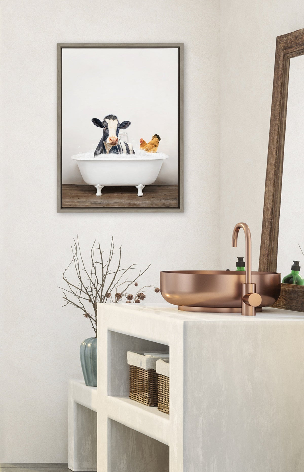 Sylvie Cow and Chicken in Rustic Bath Framed Canvas by Amy Peterson Art Studio