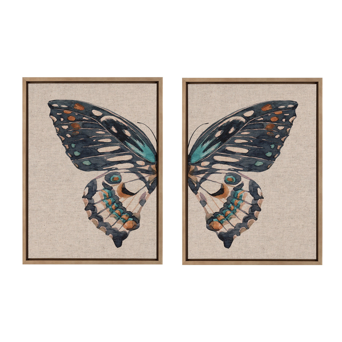 Sylvie Boho Butterfly Watercolor Diptych Neutral Linen Framed Canvas Art Set by The Creative Bunch Studio