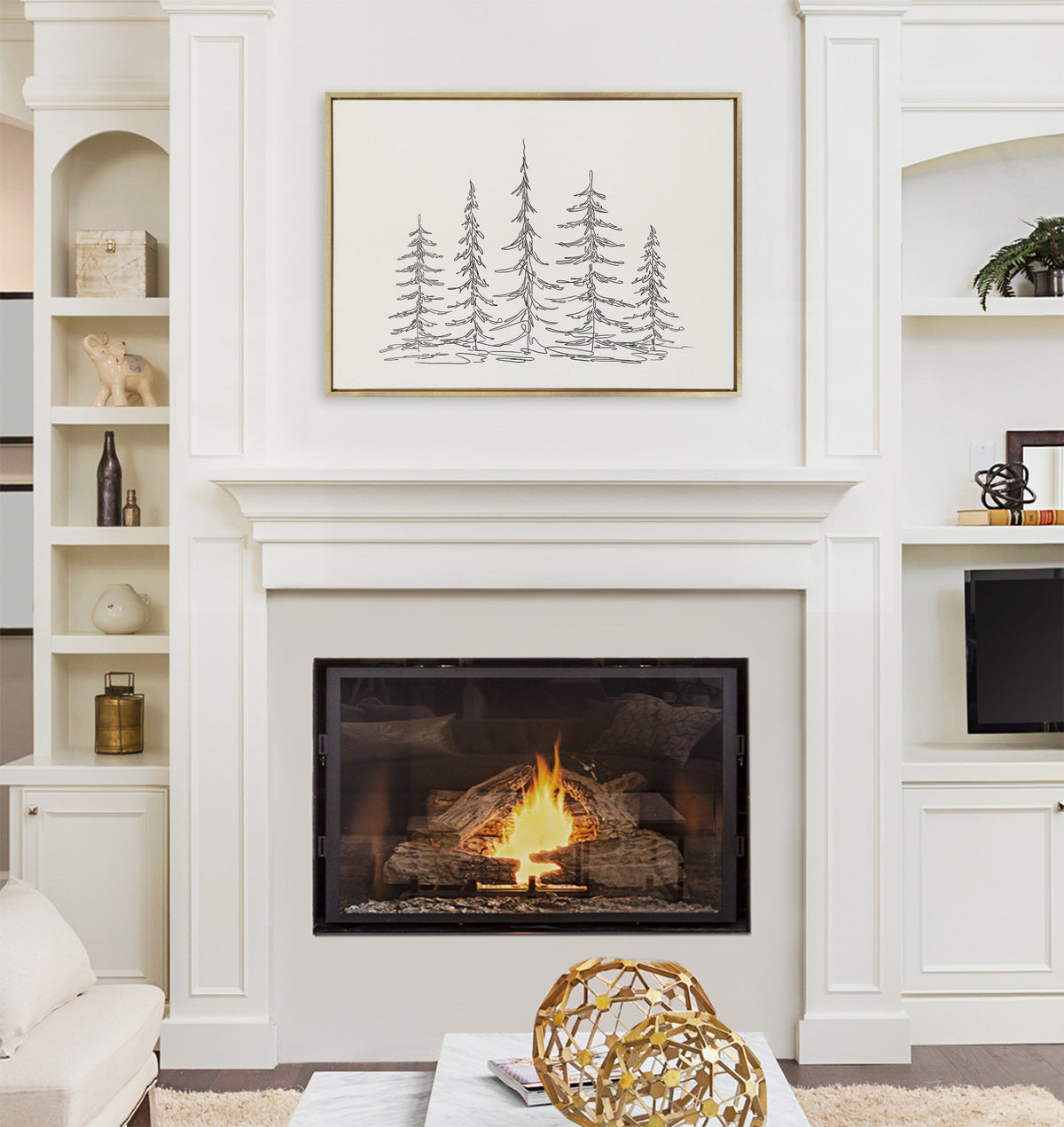 Sylvie Minimalist Evergreen Trees Sketch Framed Canvas by The Creative Bunch Studio