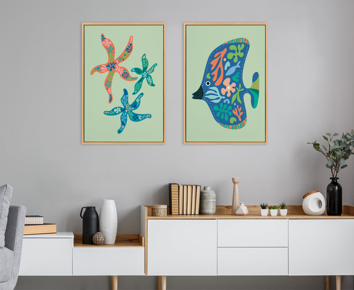 Sylvie Modern Colorful Starfish and Modern Colorful Tropical Fish Framed Canvas Art Set by Rachel Lee