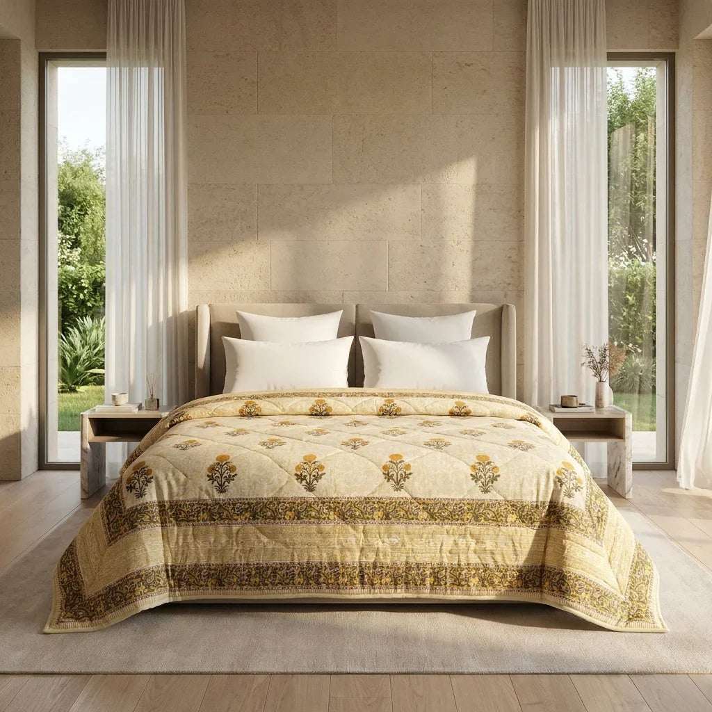 Orange Floral Jaipur Hand Block Print Quilted Comforter — House of Avana, view 1 of 5