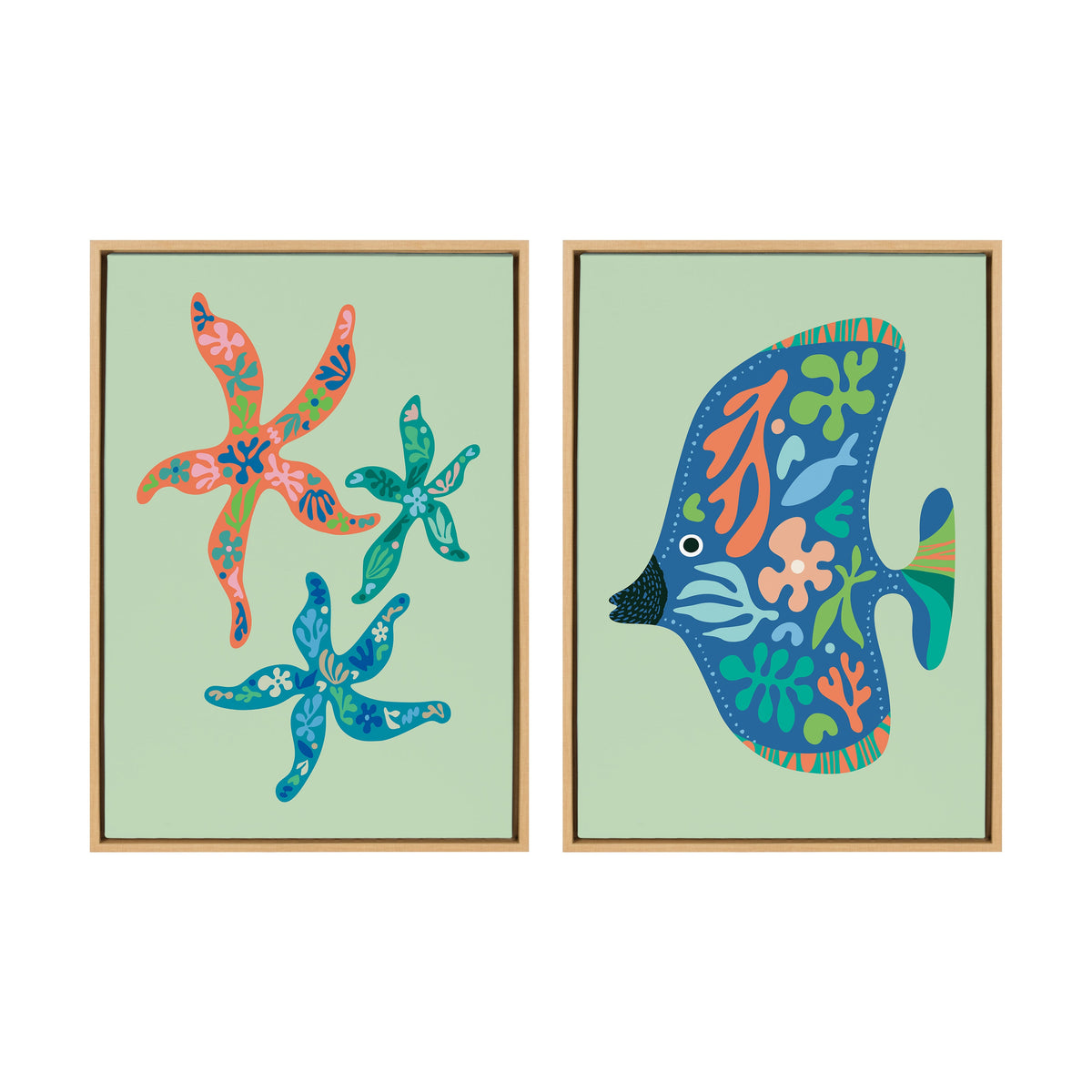 Sylvie Modern Colorful Starfish and Modern Colorful Tropical Fish Framed Canvas Art Set by Rachel Lee
