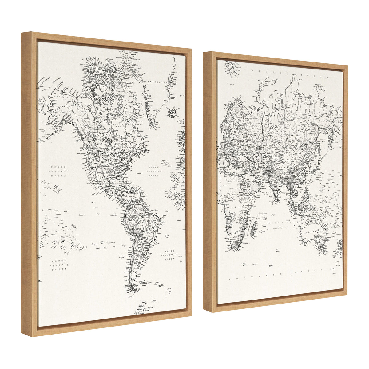 Sylvie Vintage Black and White World Map Framed Canvas Set by The Creative Bunch Studio