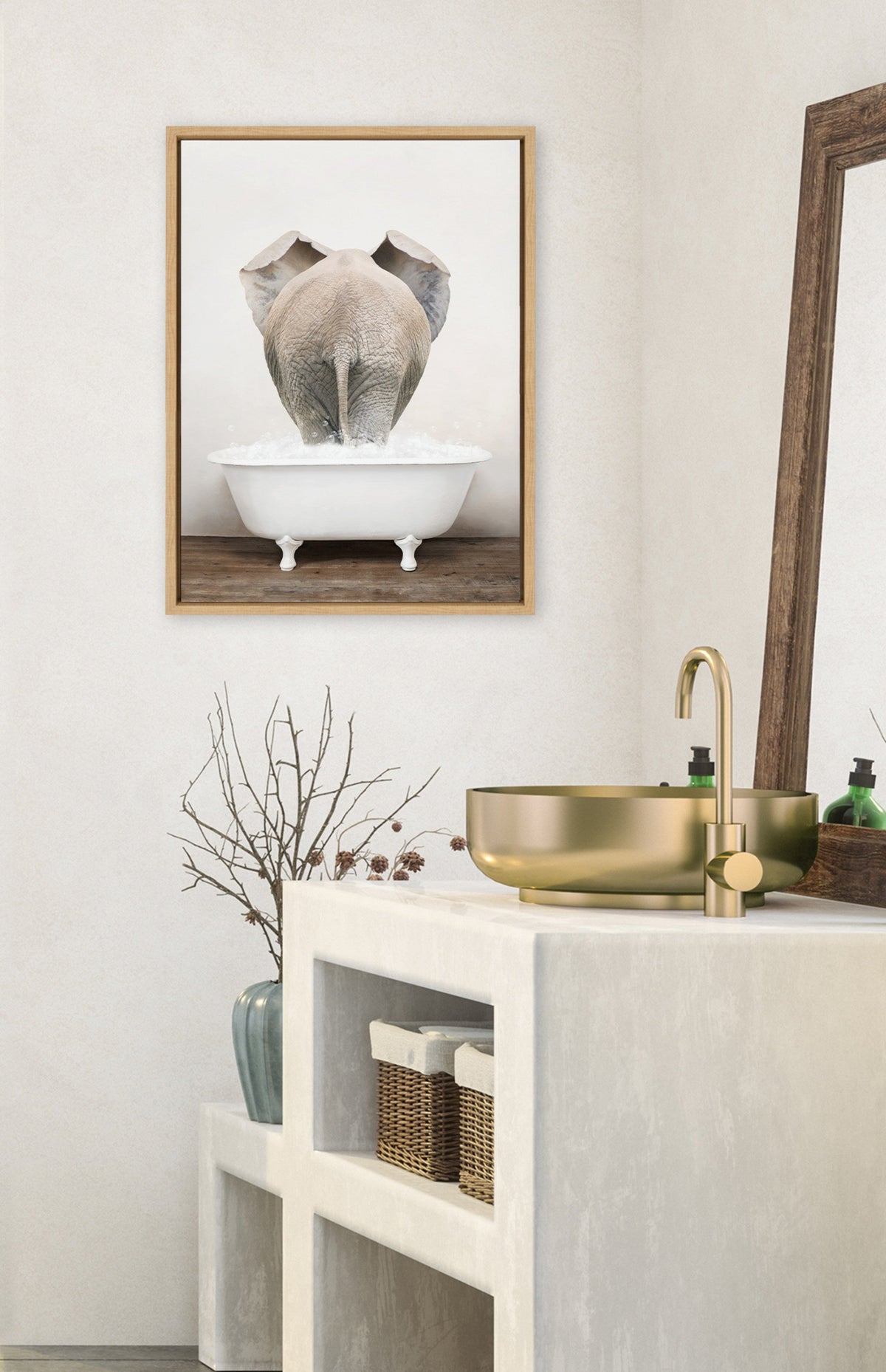 Sylvie Elephant Back in Rustic Bath Framed Canvas by Amy Peterson Art Studio