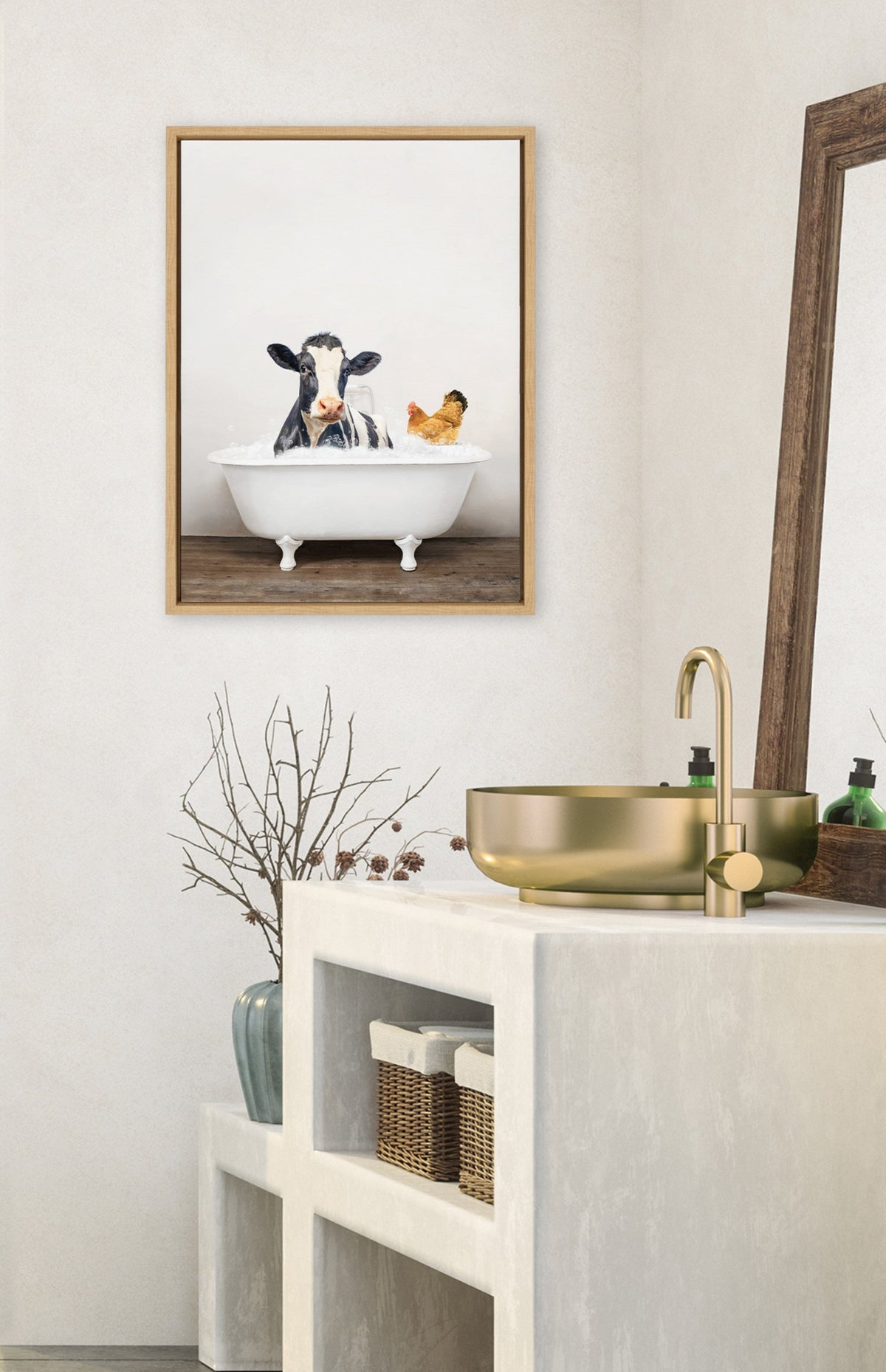 Sylvie Cow and Chicken in Rustic Bath Framed Canvas by Amy Peterson Art Studio