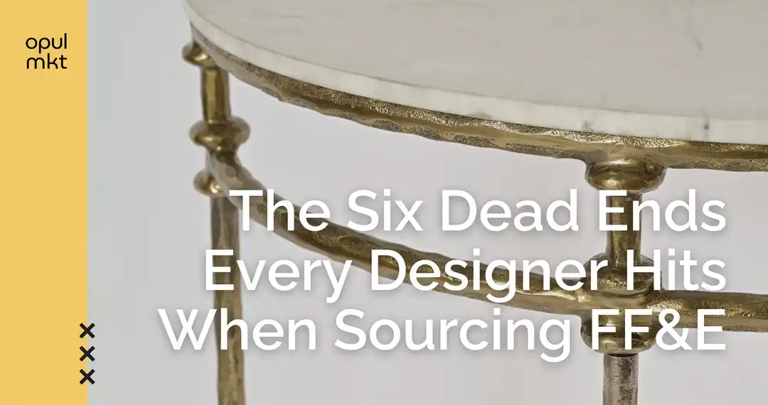 Interior designer reviewing FF&E sourcing specifications with curated furniture and material samples